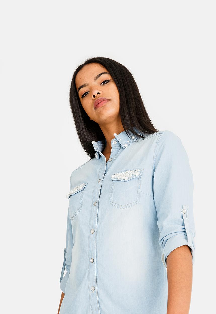 Revenge - Pearl Pocket & Collar Denim Shirt Blue