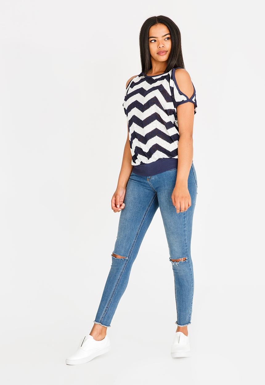 Revenge - Zig-zag Batwing Top Navy & White