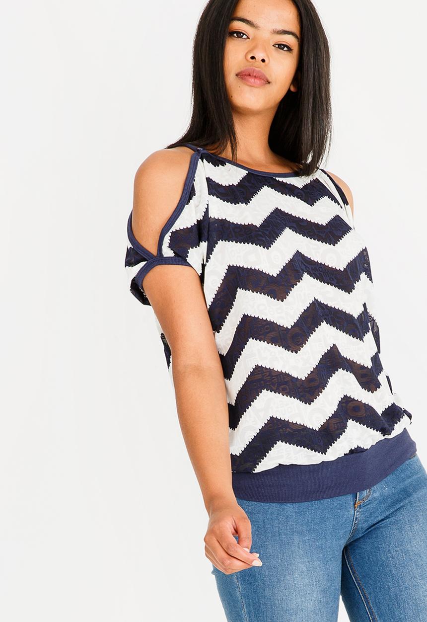 Revenge - Zig-zag Batwing Top Navy & White