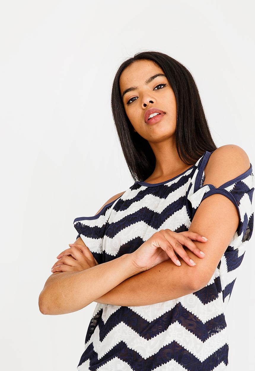 Revenge - Zig-zag Batwing Top Navy & White