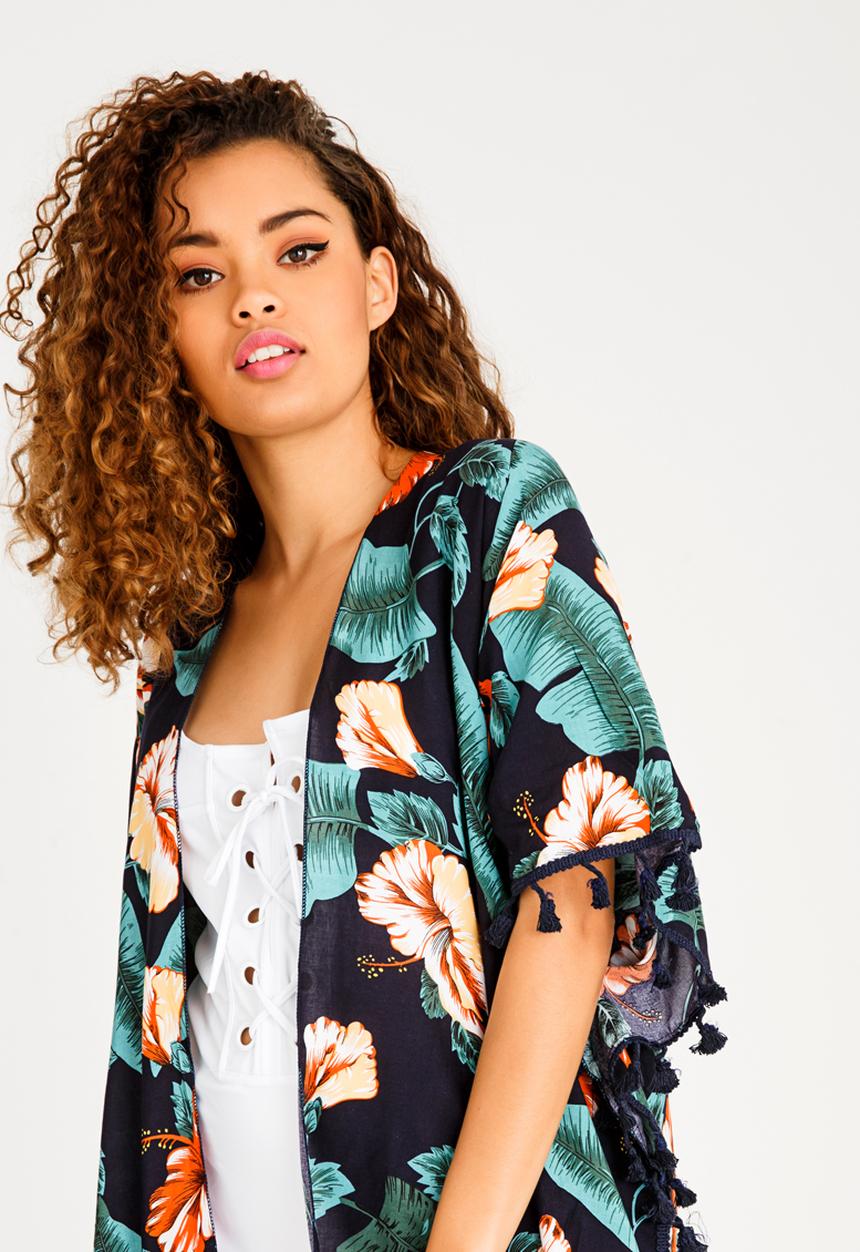 Lithe - Open Front Kaftan with Tassle Trim Navy