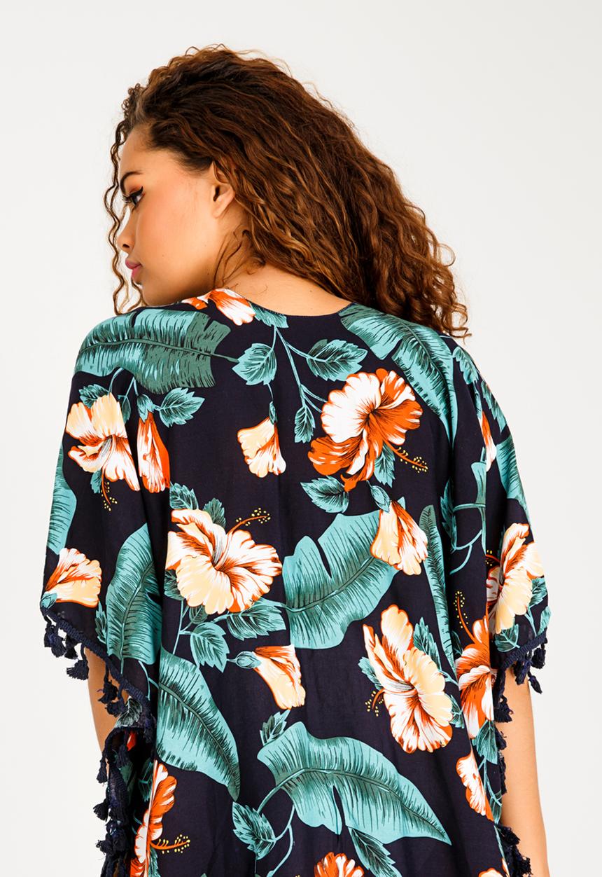 Lithe - Open Front Kaftan with Tassle Trim Navy