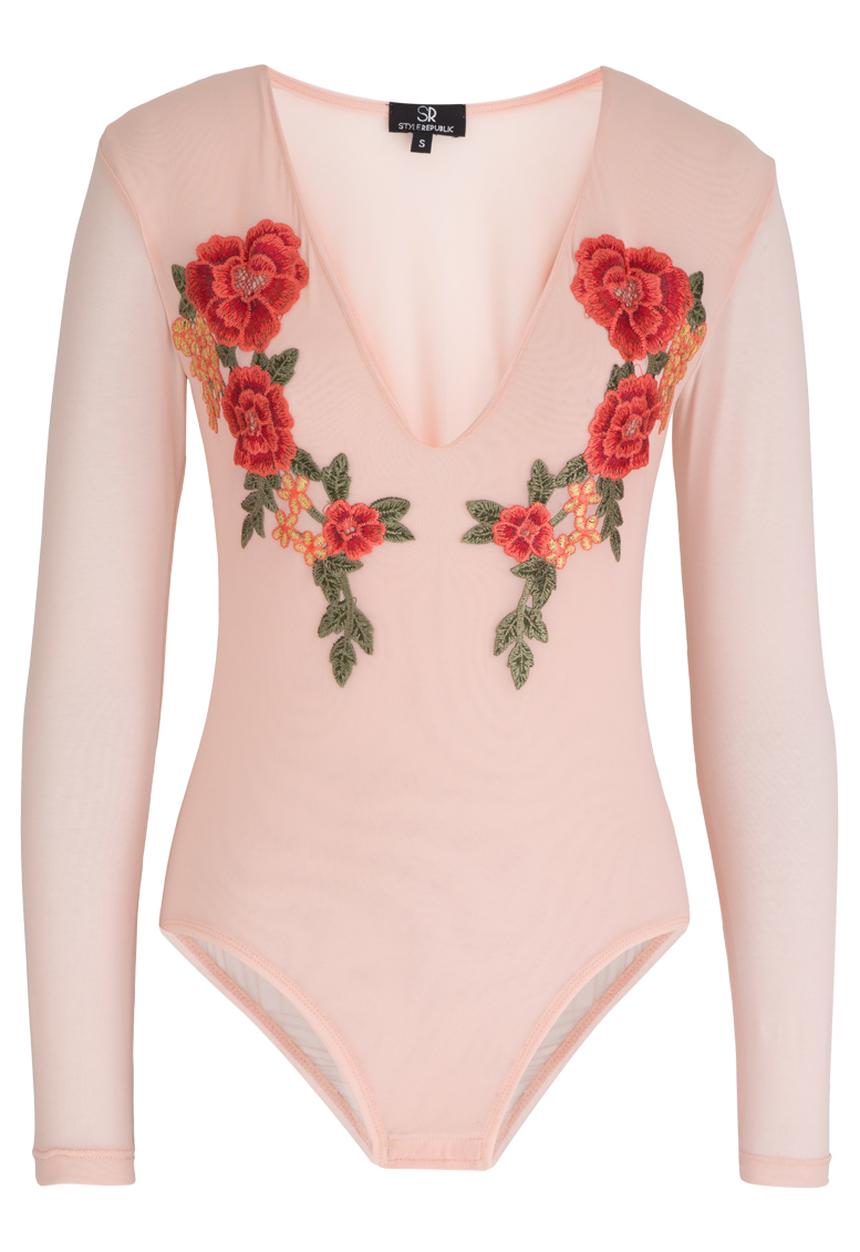 STYLE REPUBLIC - Embroidered Mesh Bodysuit Rose