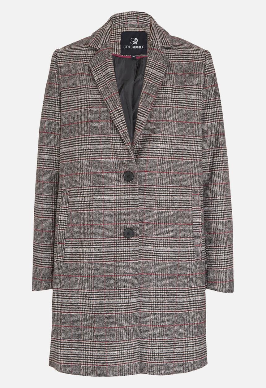 STYLE REPUBLIC - Wool-like Checked Longer Length Coat Grey