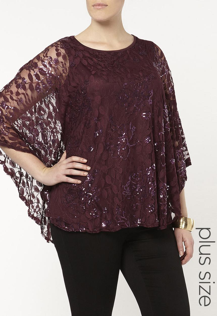 EVANS - Lace Poncho Blouse Mid Purple