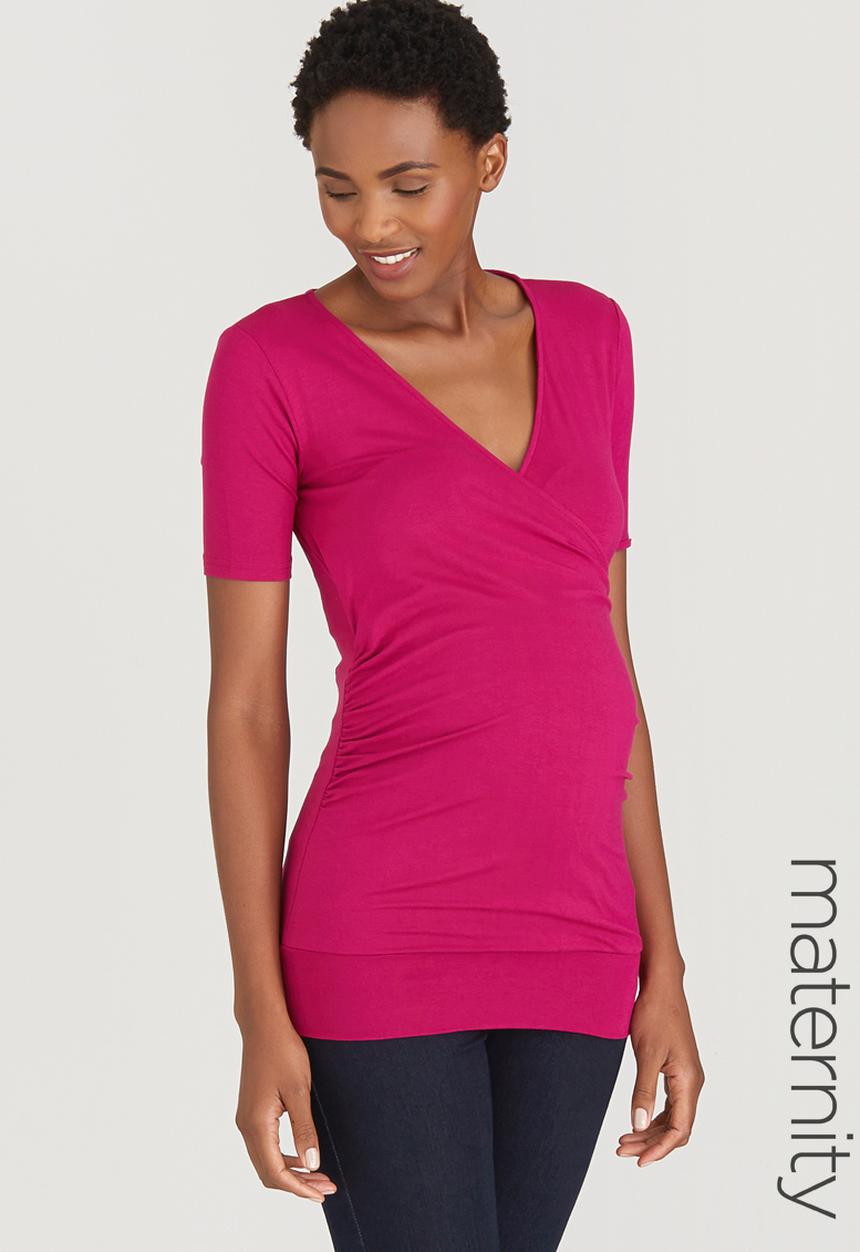 Cherry Melon - Short Sleeve Gauged Wrap Top Mid Pink