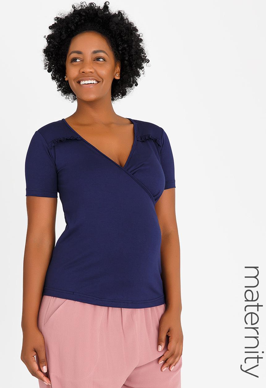 edit Maternity - Mock wrap top with frill detail - navy