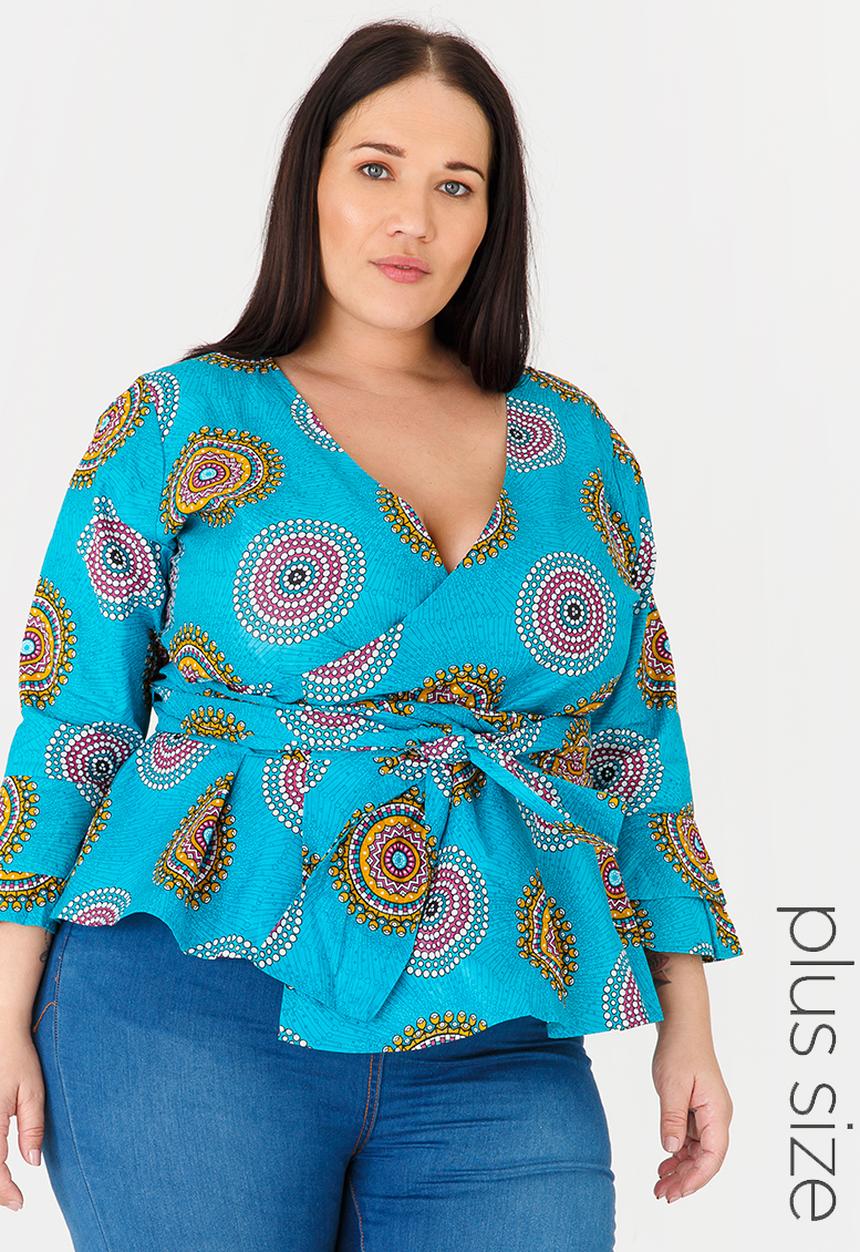 Plus-Fab - Print Wrap Top Turquoise