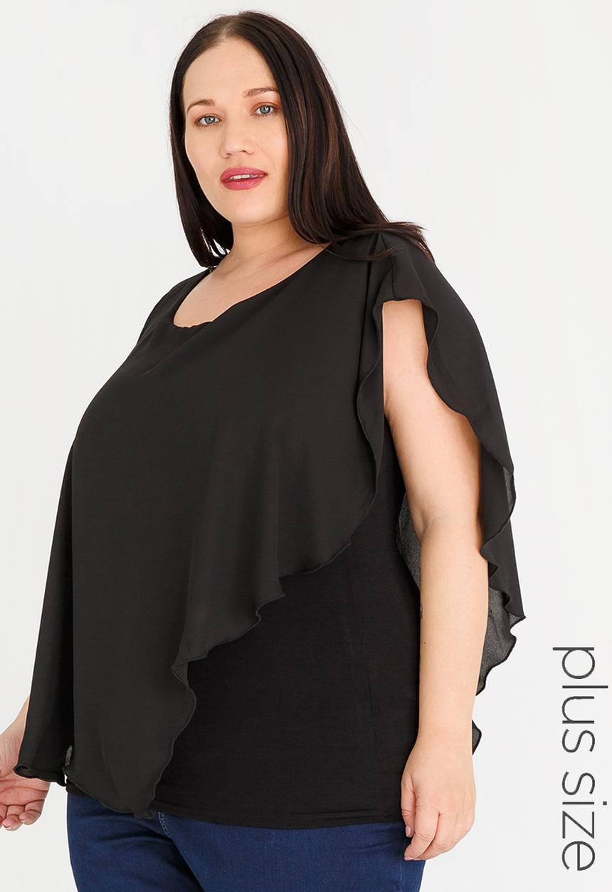 edit Plus - Frilly Blouse with Chiffon Overlay Black