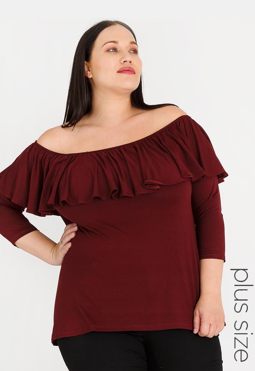 edit Plus - Bardot Top with Frill Burgundy