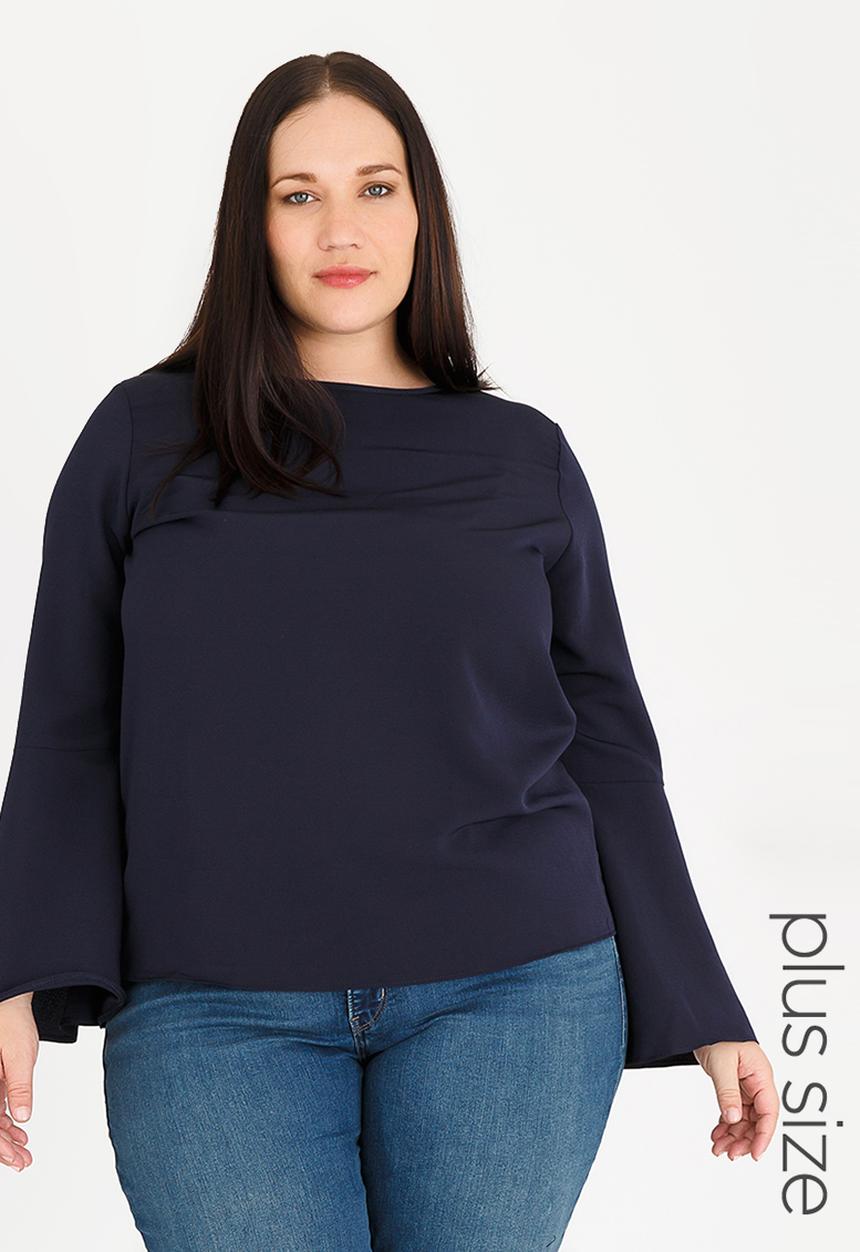 edit Plus - Loose Fit Bell Sleeve Blouse Navy
