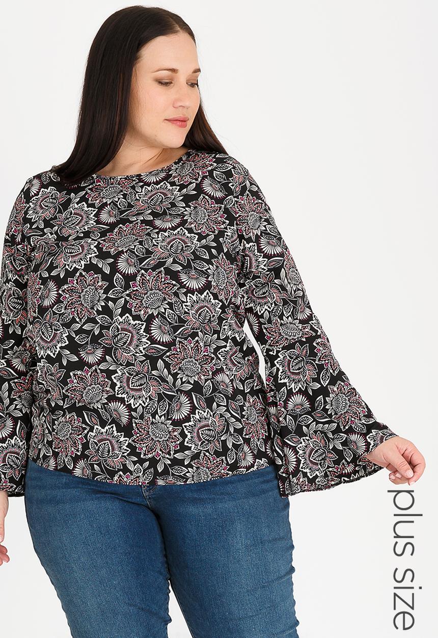 edit Plus - Loose Fit Bell Sleeve Blouse Multi-colour