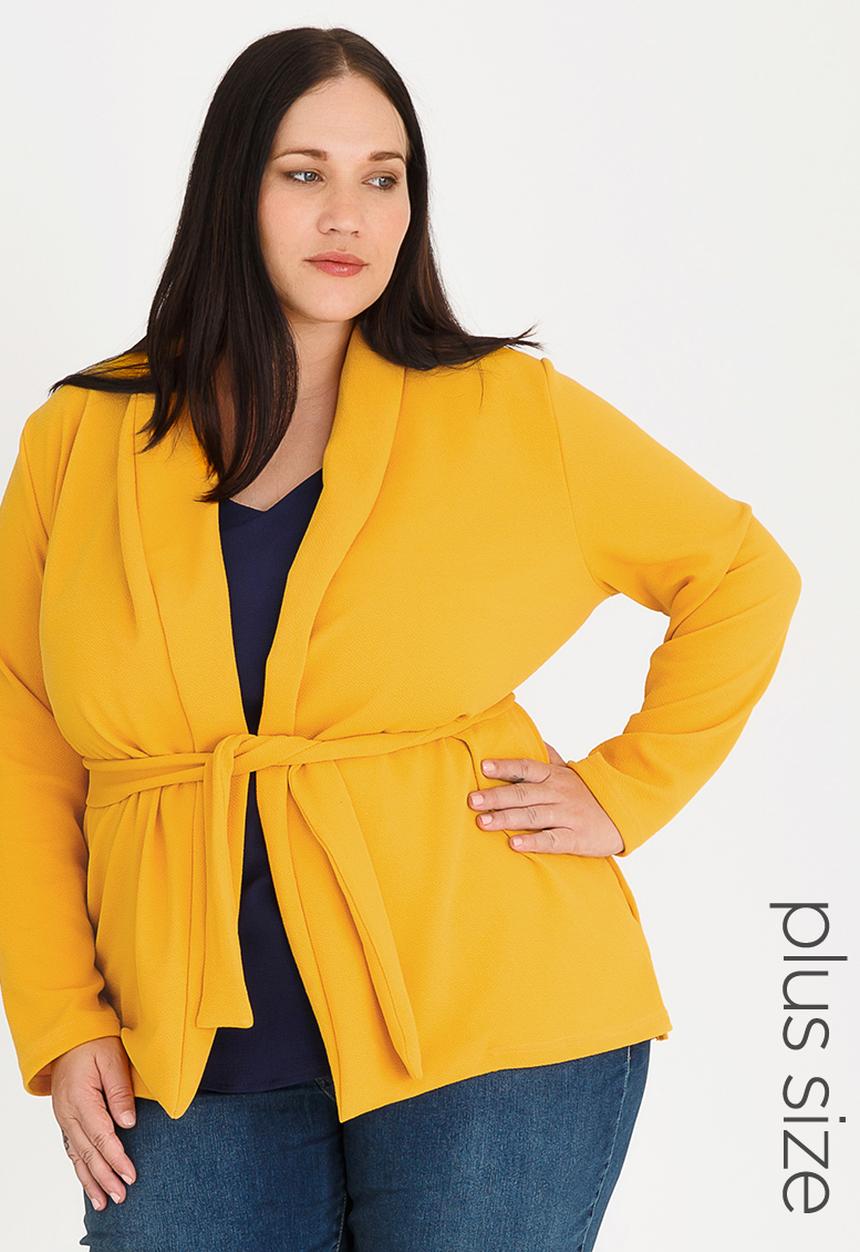 edit Plus - Knit Front Tie Jacket Yellow