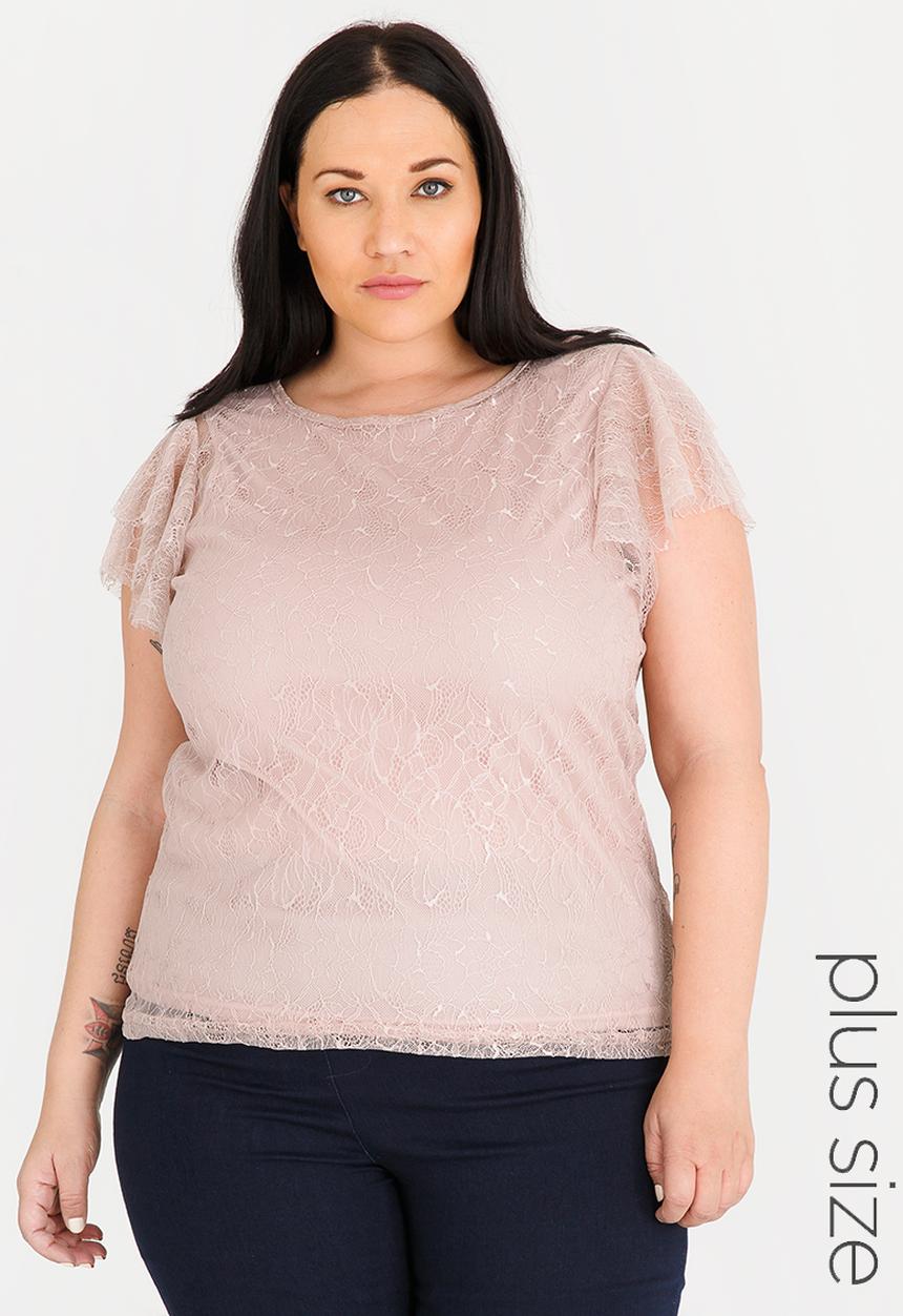 edit Plus - Flutter sleeve lace blouse - pink