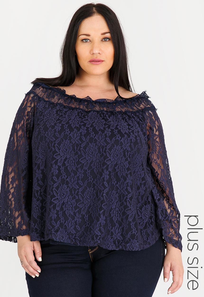 edit Plus - Lace Bardot Blouse - Navy