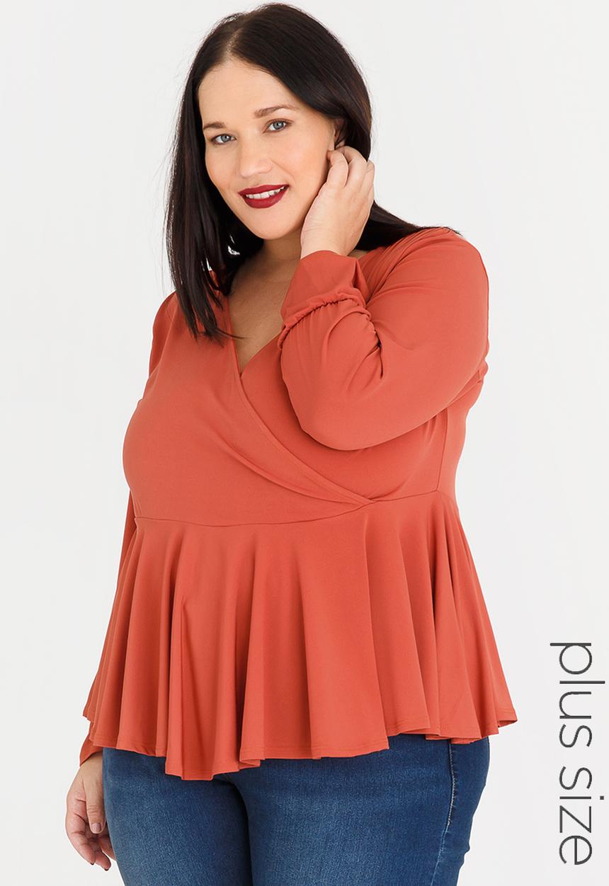 edit Plus - Peplum Mock Wrap Top Rust