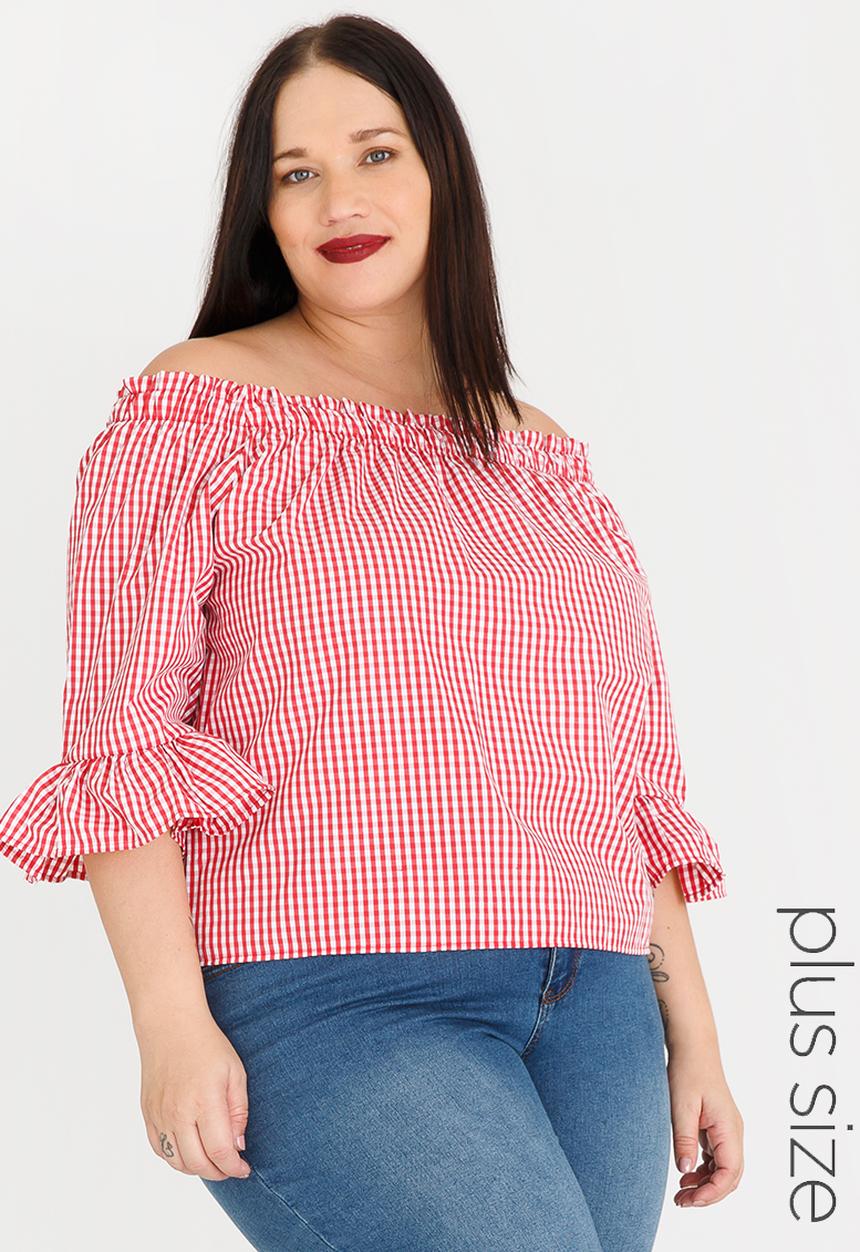 edit Plus - Bardot Frill Sleeve Blouse - red