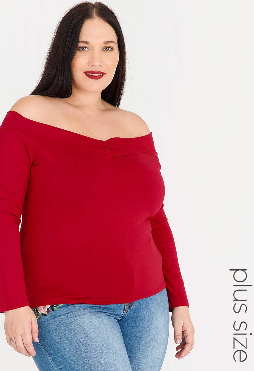 edit Plus - Cross Over Bardot Tee Red
