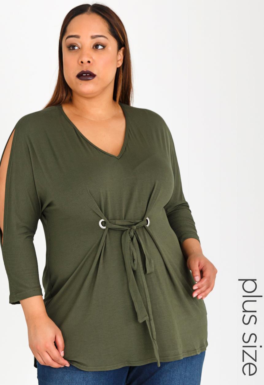 STYLE REPUBLIC PLUS - Eyelet Detail Tunic Khaki Green
