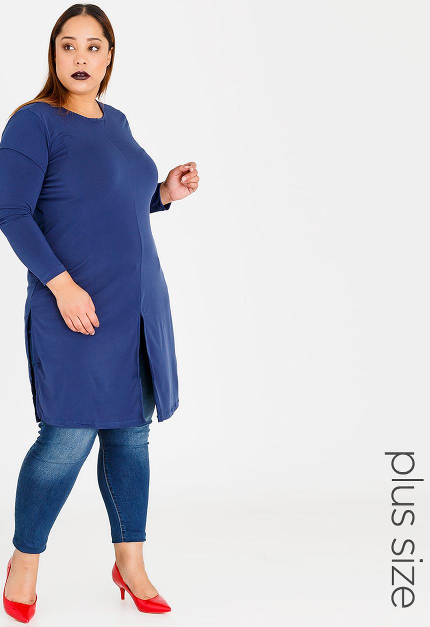edit Plus - Long Sleeve Overlay Tunic with Slit Detail Navy