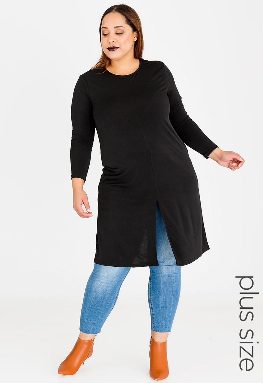 edit Plus - Long Sleeve Overlay Tunic with Slit Detail Black