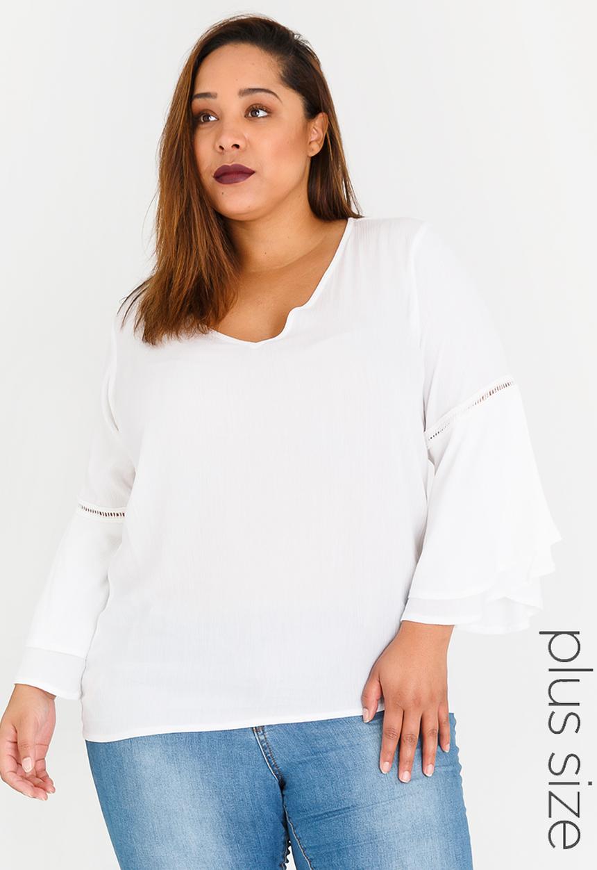 STYLE REPUBLIC PLUS - Bell Sleeve Blouse with Ladder Lace Detail White