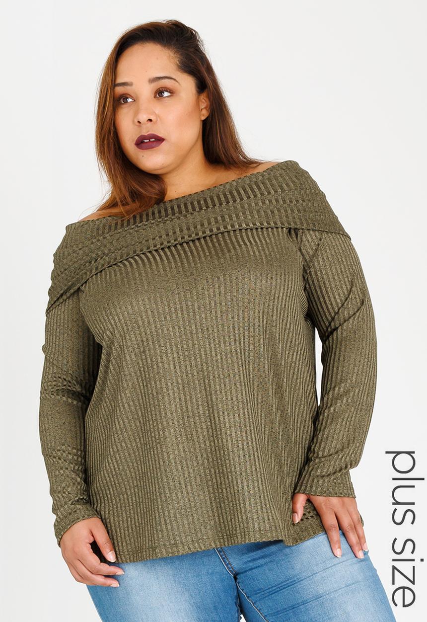 Slick - Kono Off the Shoulder Knit Top Khaki Green