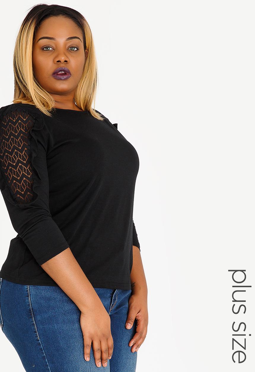edit Plus - Frill Sleeve Detail Top Black