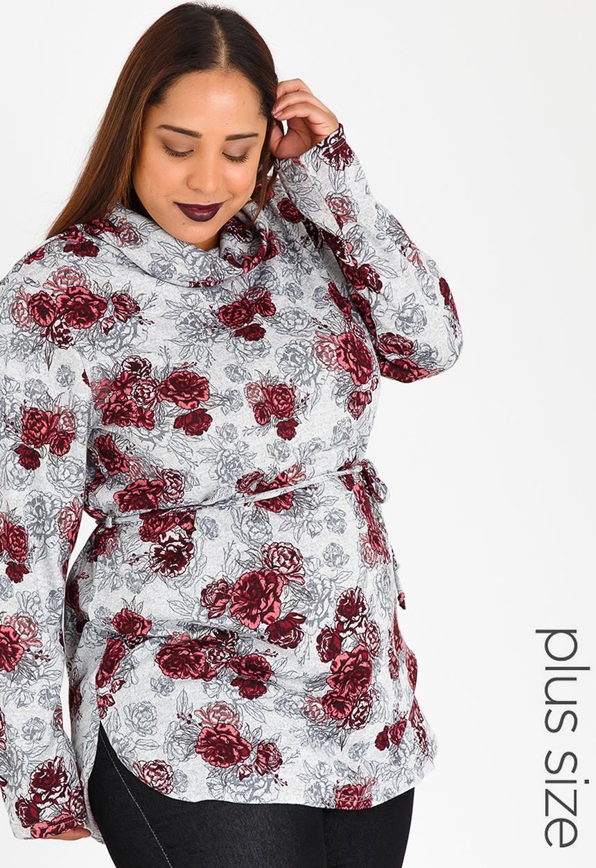 edit Plus - Cowl Neck Tunic Top with Tie Belt Grey