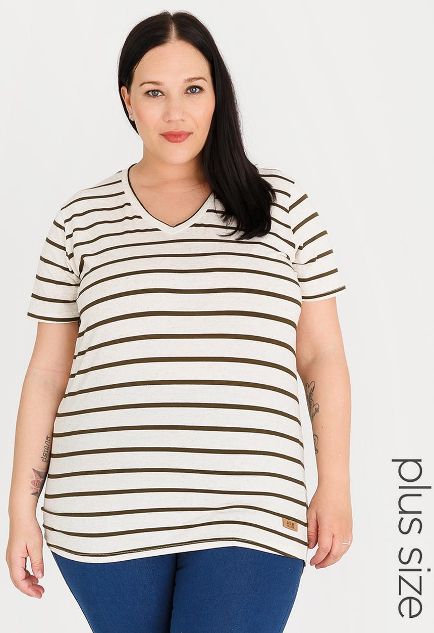 JEEP - Striped V-neck Tee Stone