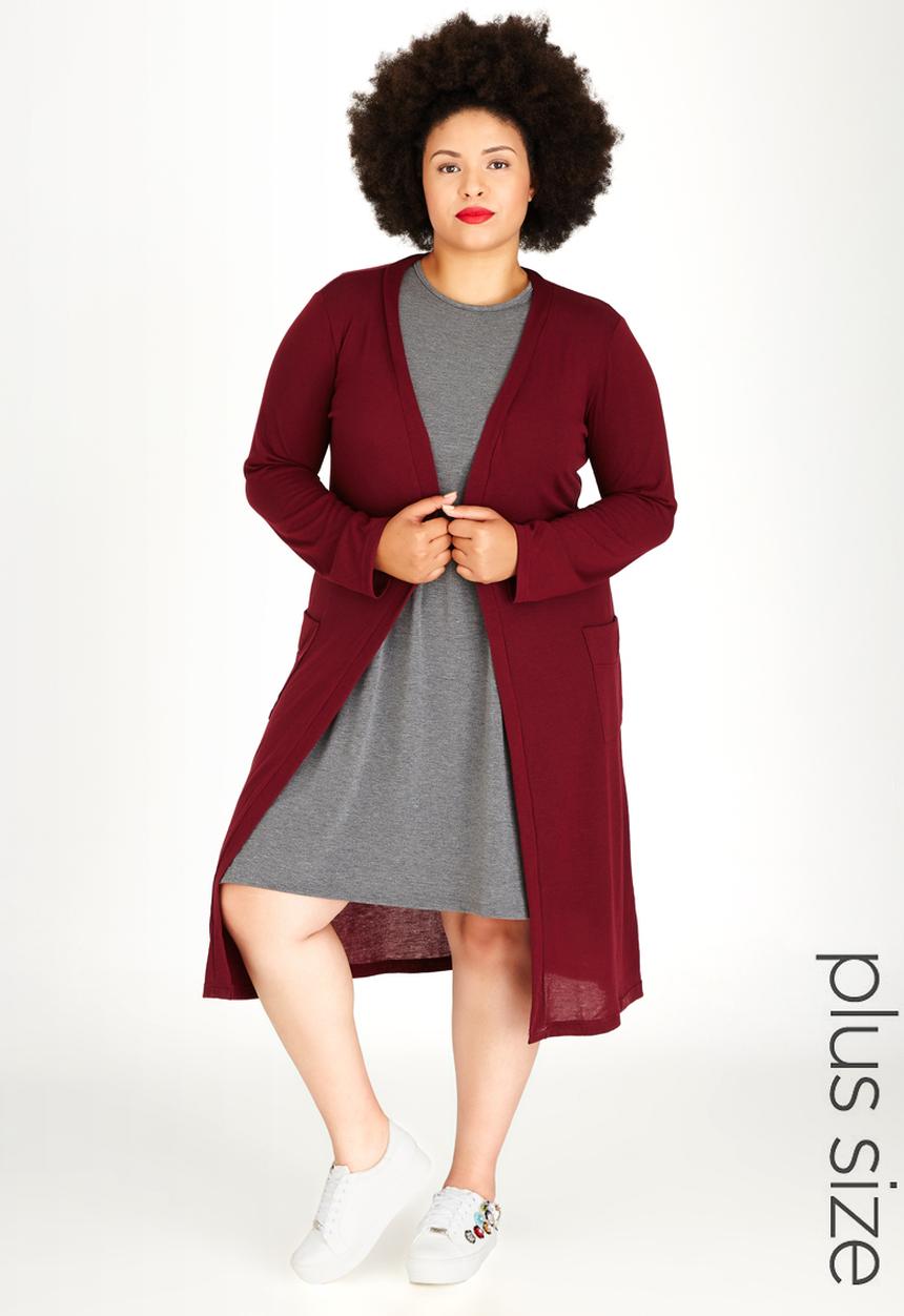 edit Plus - Longer Length Knit Cardigan Dark Red