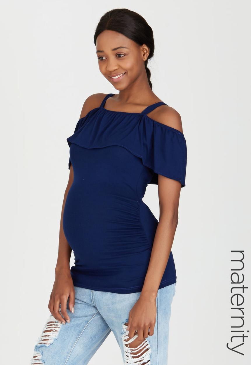 edit Maternity - Off-Shoulder Frill Top Blue