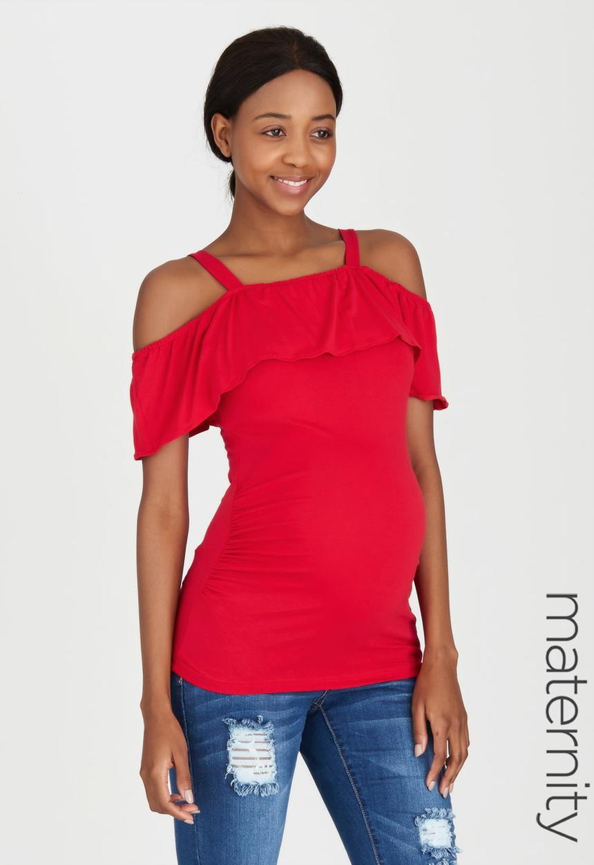edit Maternity - Off-Shoulder Frill Top Red