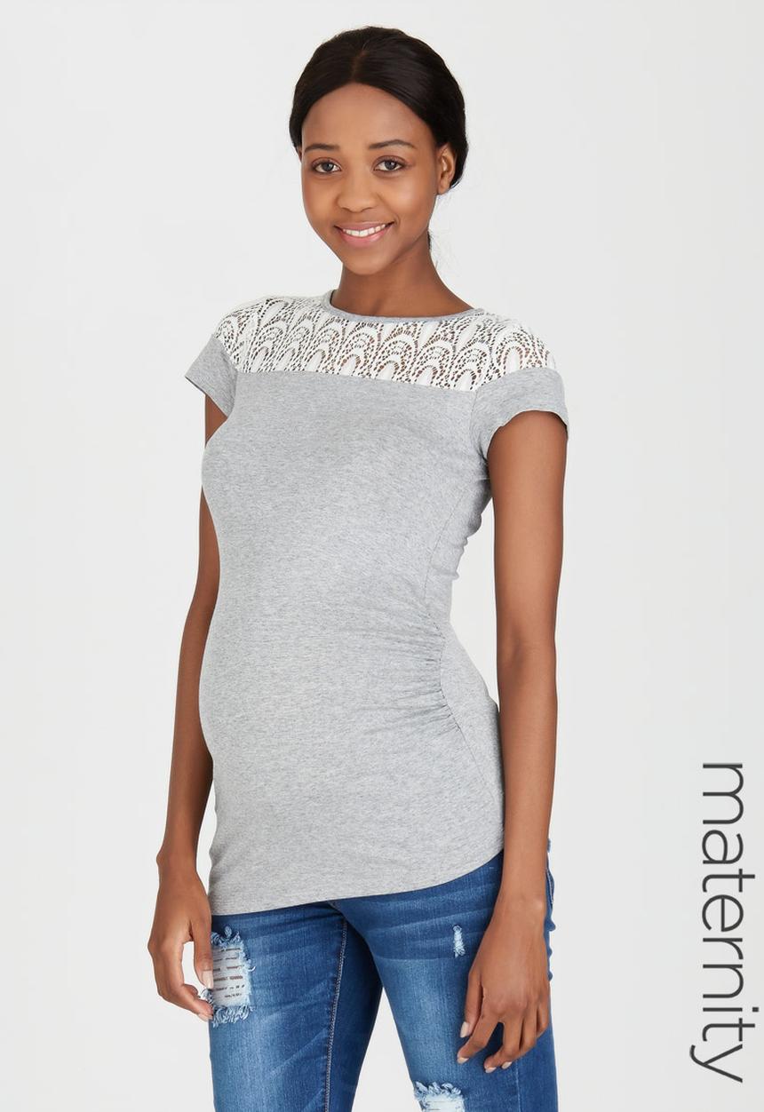 edit Maternity - Lace Inset Stripe T-shirt Grey Melange