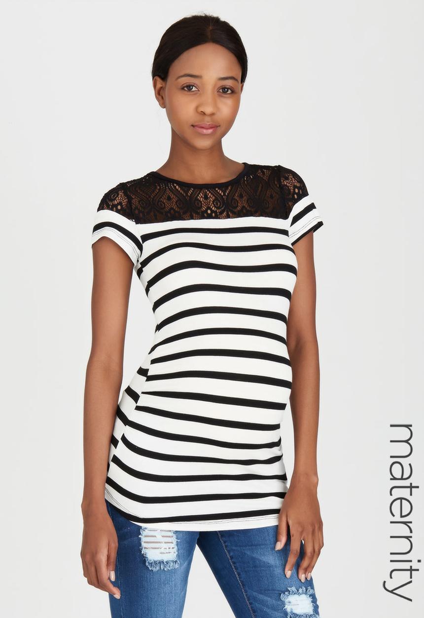 edit Maternity - Lace Inset Stripe T-shirt Black and White