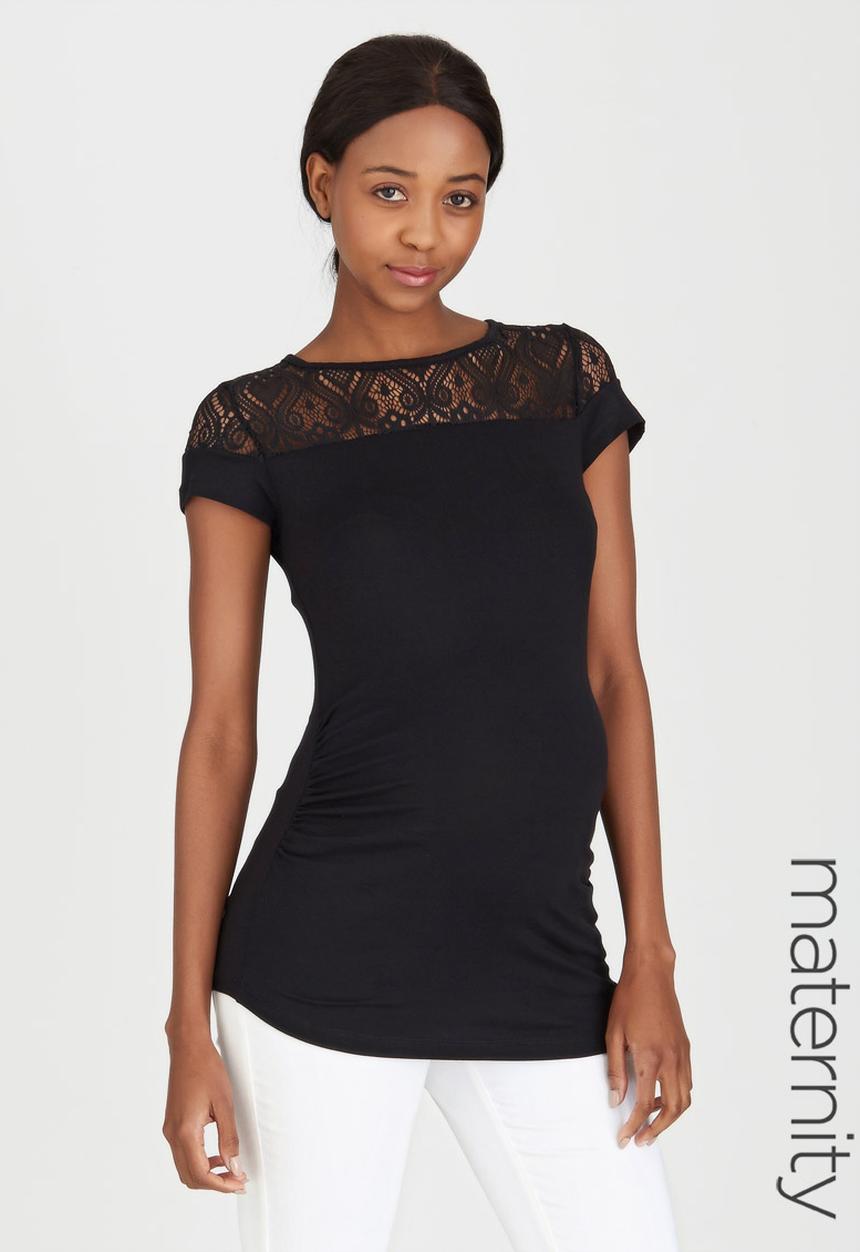 edit Maternity - Lace Inset Stripe T-shirt Black