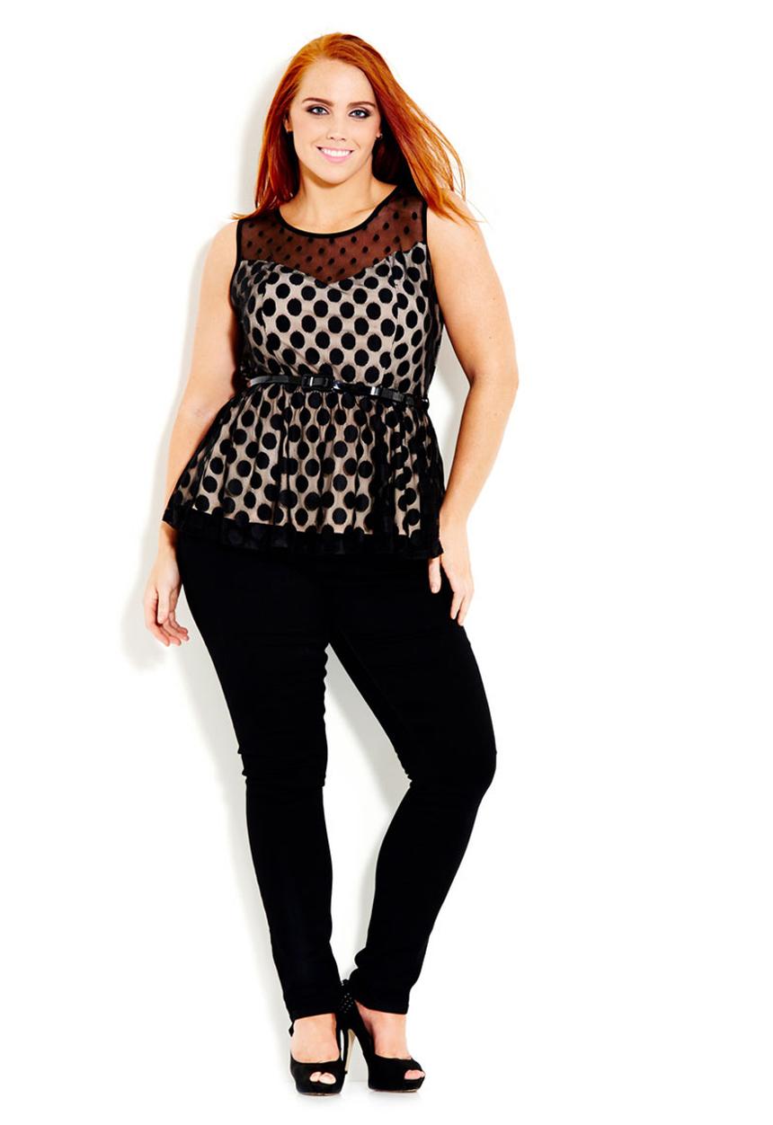 City Chic - Spot mesh peplum top Black