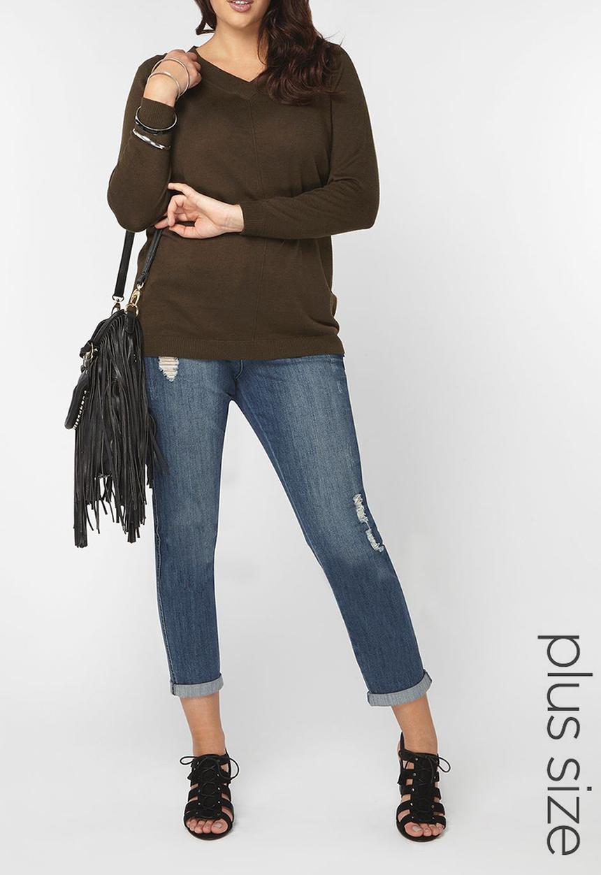 EVANS - V-Neck Long Sleeve Sweater Khaki Green