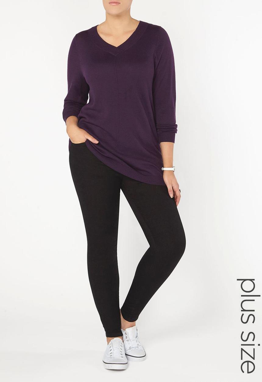 EVANS - V-Neck Long Sleeve Sweater Dark Purple