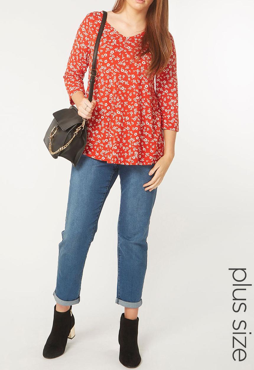 EVANS - Floral Print 3/4 Sleeve Top Multi-colour