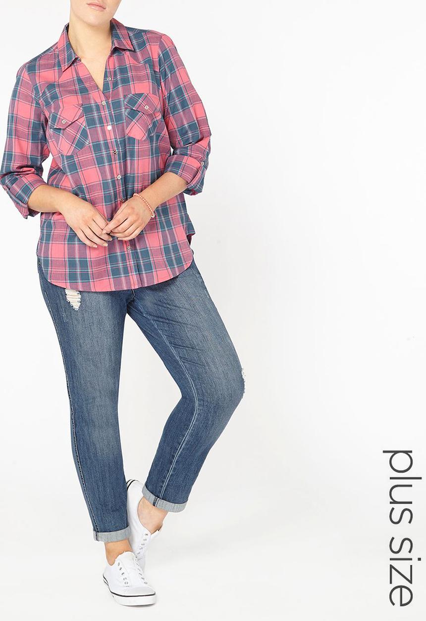 EVANS - Roll-up Sleeve Check Shirt Mid Pink