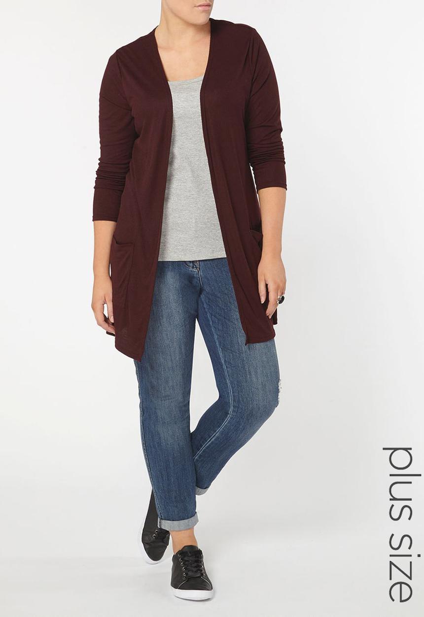 EVANS - Longline Ribbed Cardigan with Pockets Dark Red