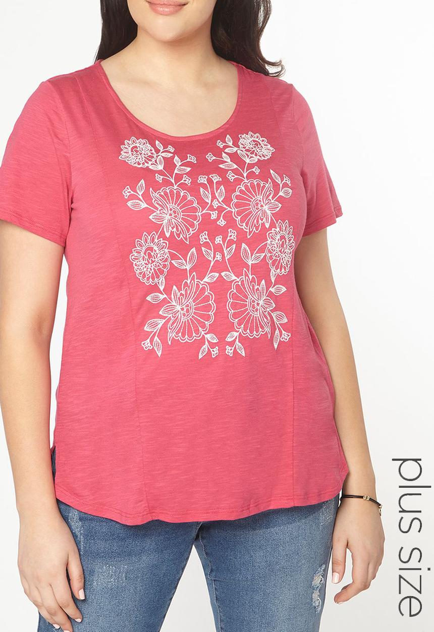 EVANS - Short Sleeve Embroidery Detail Tee Mid Pink