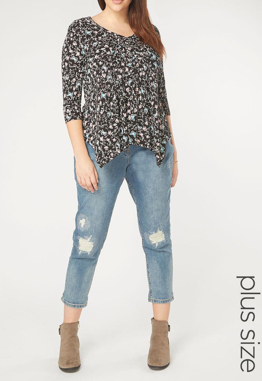 EVANS - All-over Print Pleat Detail Top Black