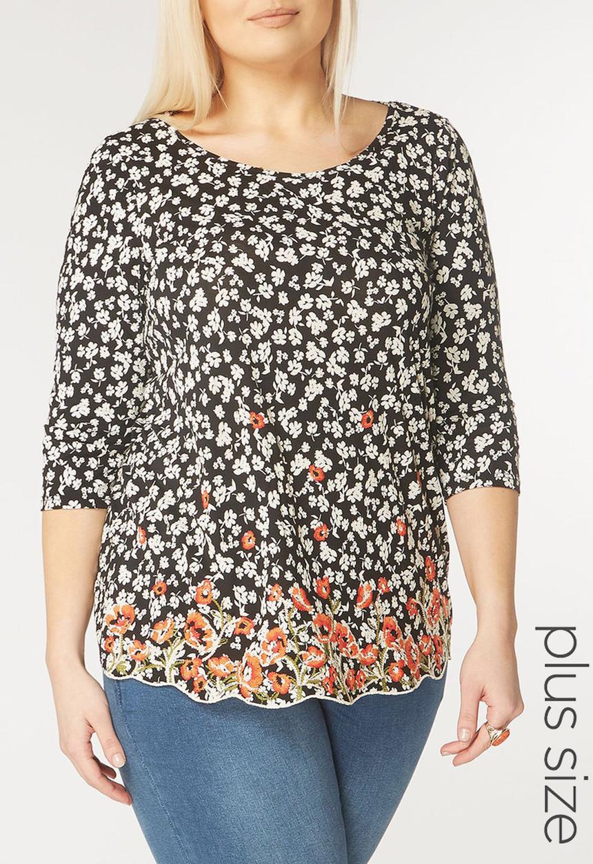 EVANS - Embroidery Detail Top Black and White