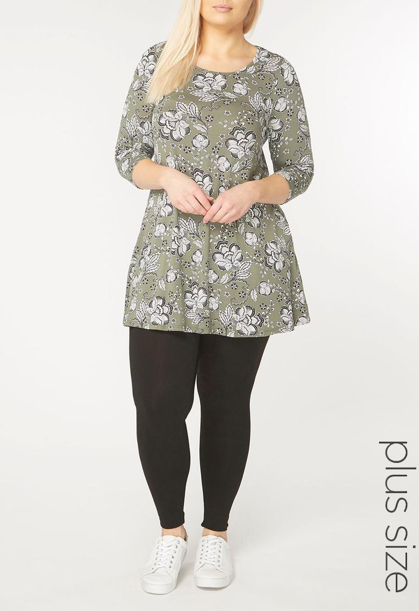 EVANS - Floral Print Swing Tunic Khaki Green