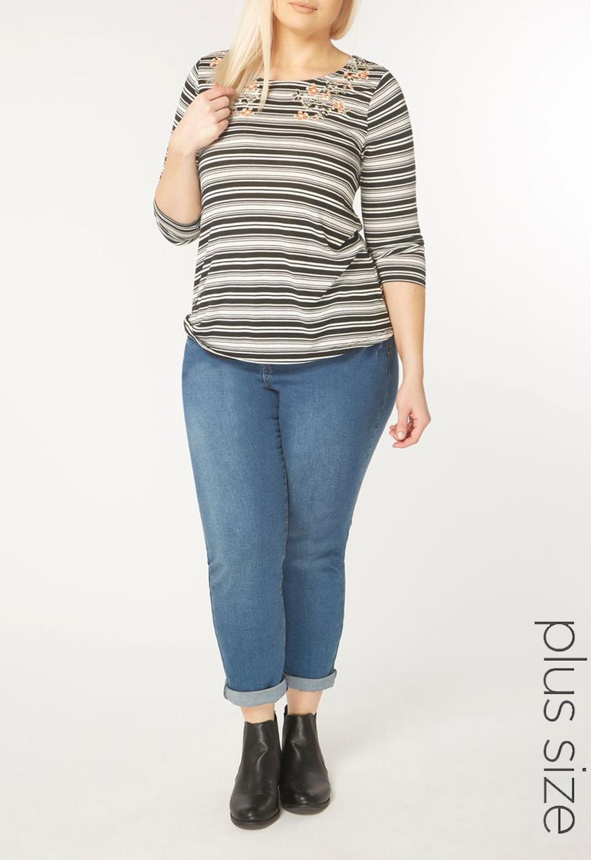 EVANS - Stripe Embroidery Detail Top Black and White