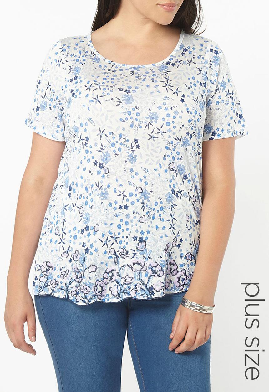 EVANS - Floral Embroidered Hem T-Shirt Off White