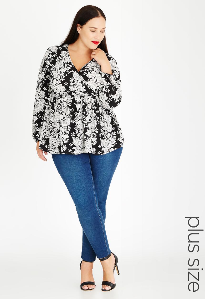 edit Plus - Cross Over Fixed Wrap Blouse Black