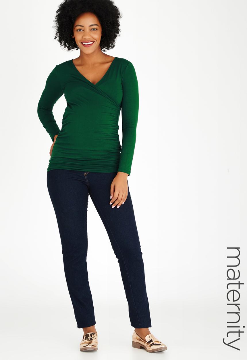 Cherry Melon - Long Sleeve Gauged Wrap Top Dark Green